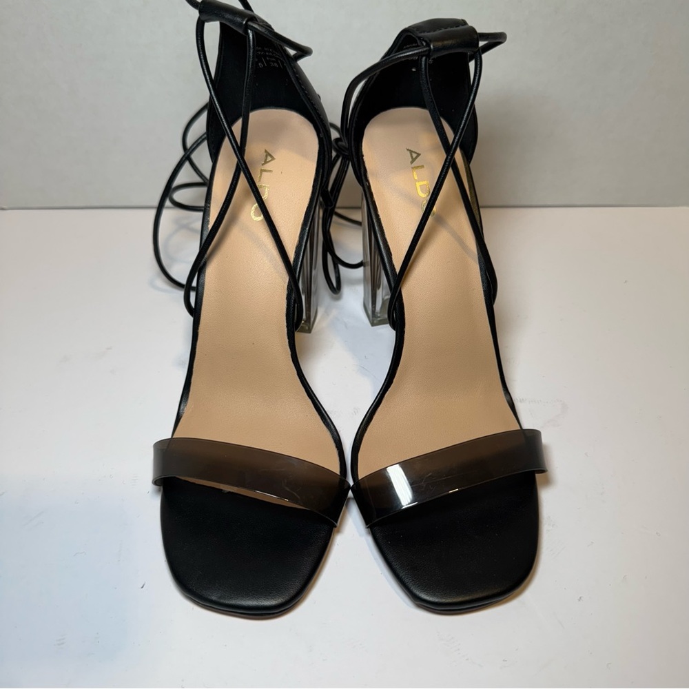 Aldo Women's Jelly Black 4.5" Chunky Clear Heel and Ankle Ties Size 7.5 with Box